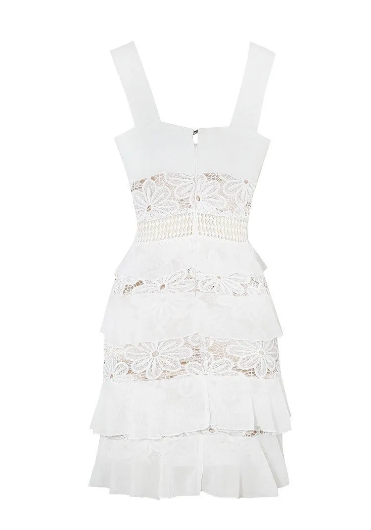 AMORA WHITE RUFFLE SKIRT LACE UP DESIGN CHIFFON & LACE DRESS