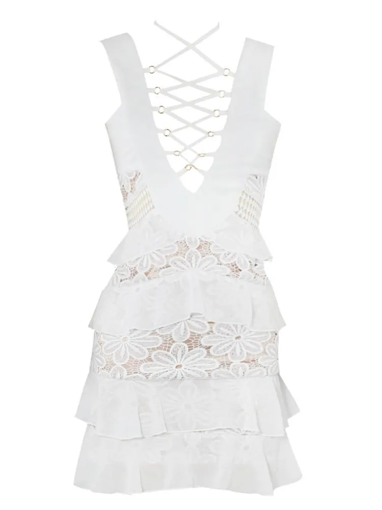 AMORA WHITE RUFFLE SKIRT LACE UP DESIGN CHIFFON & LACE DRESS