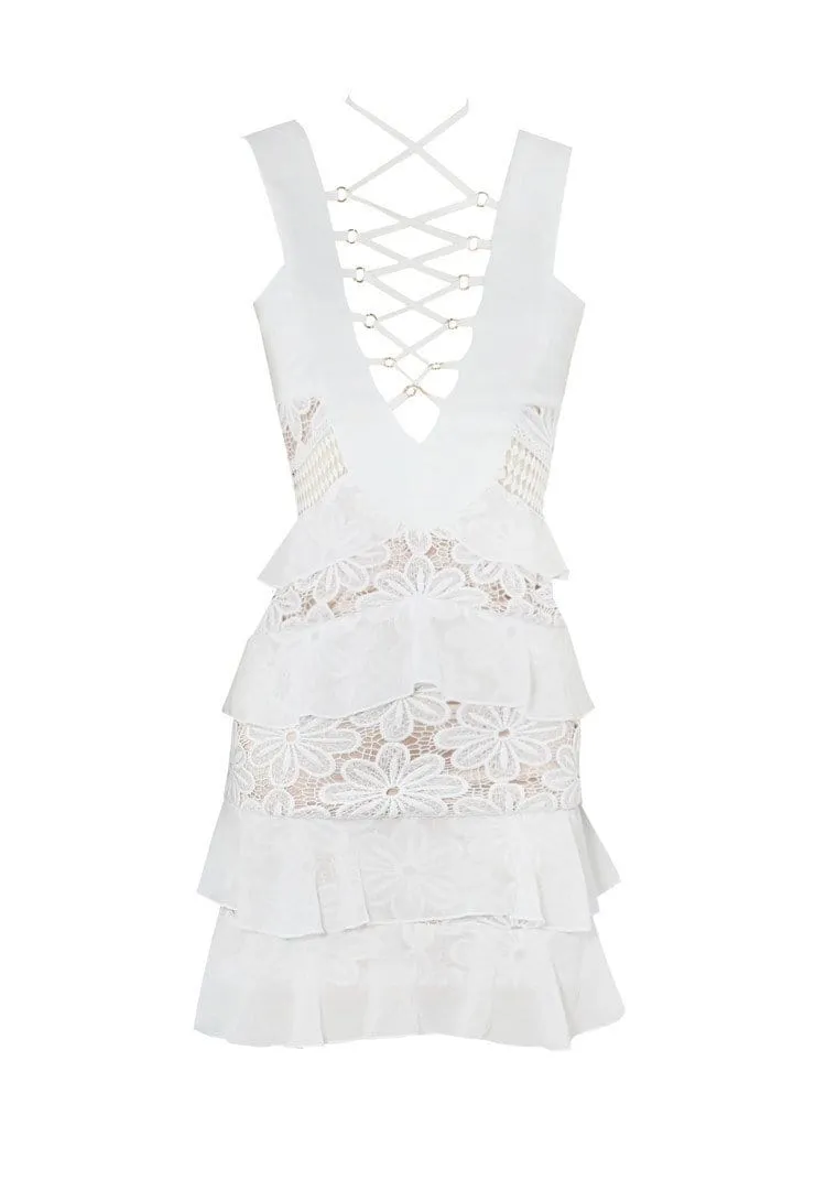 AMORA WHITE RUFFLE SKIRT LACE UP DESIGN CHIFFON & LACE DRESS
