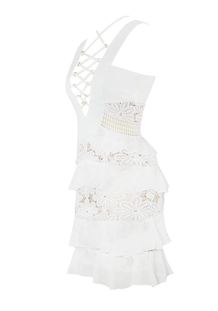 AMORA WHITE RUFFLE SKIRT LACE UP DESIGN CHIFFON & LACE DRESS