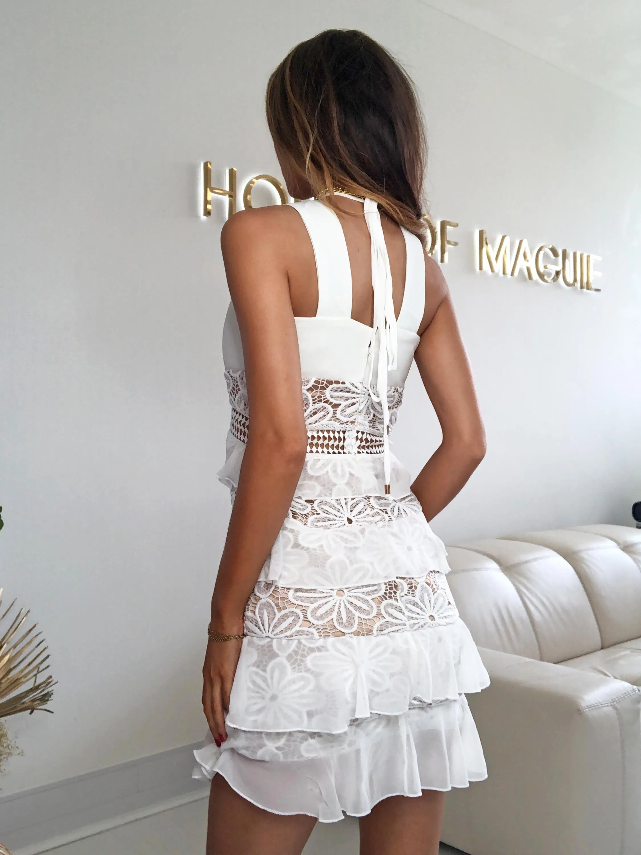 AMORA WHITE RUFFLE SKIRT LACE UP DESIGN CHIFFON & LACE DRESS