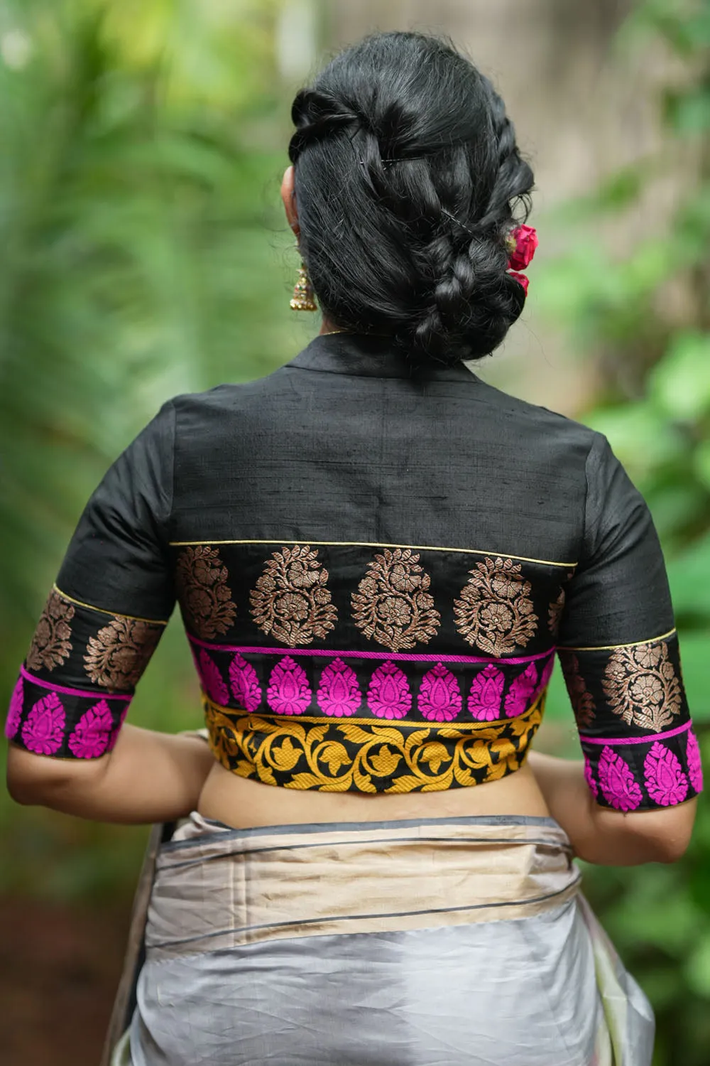 Black Pure Raw Silk with Meenakari Brocade Border V Neck Blouse, Made to Order