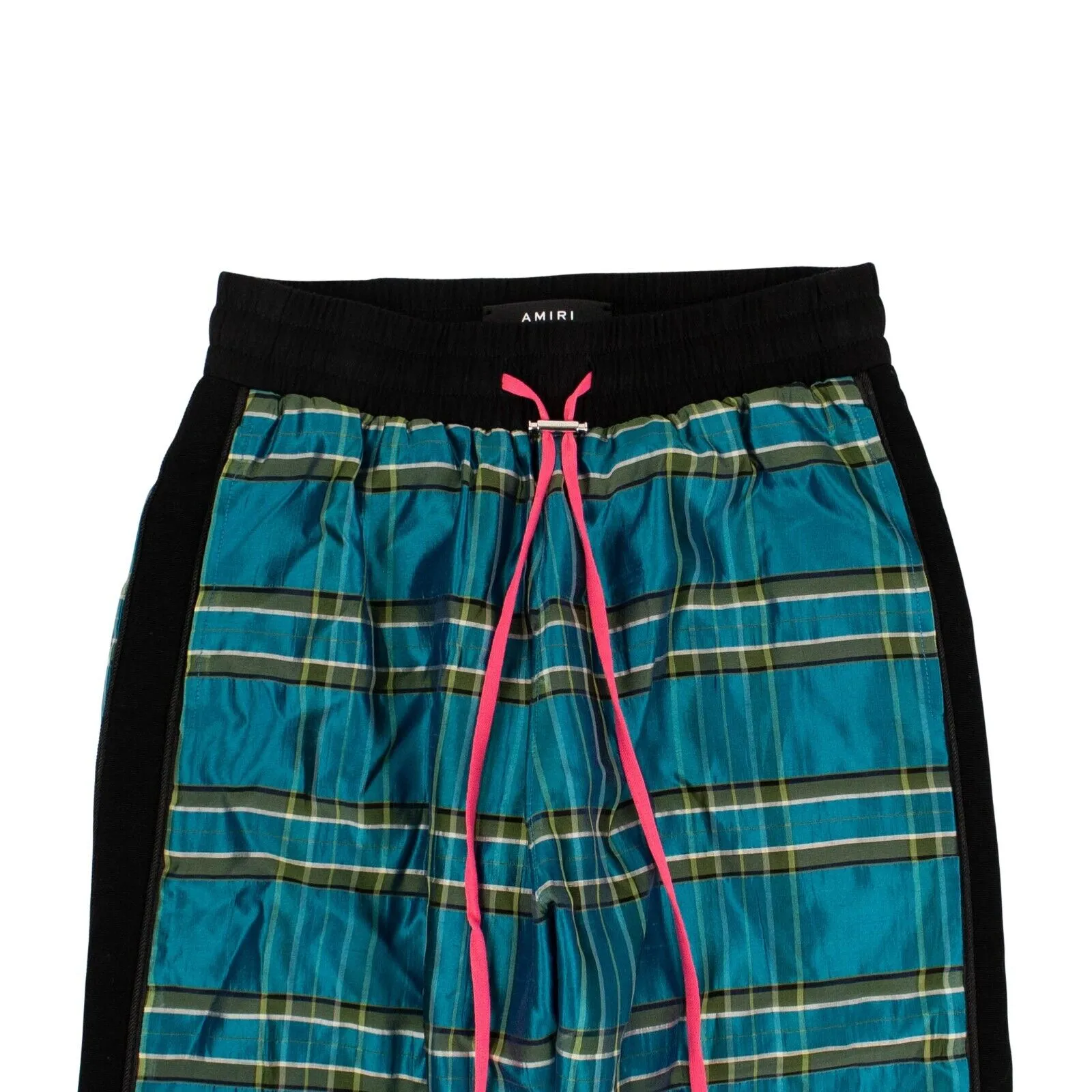 Blue Silk Plaid Straight Leg Track Pants