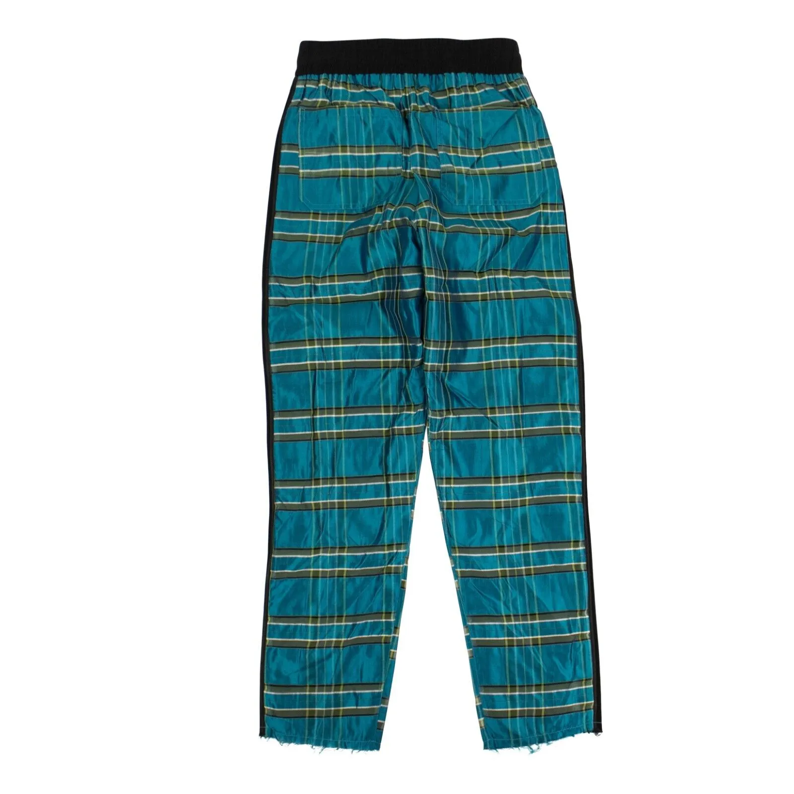 Blue Silk Plaid Straight Leg Track Pants