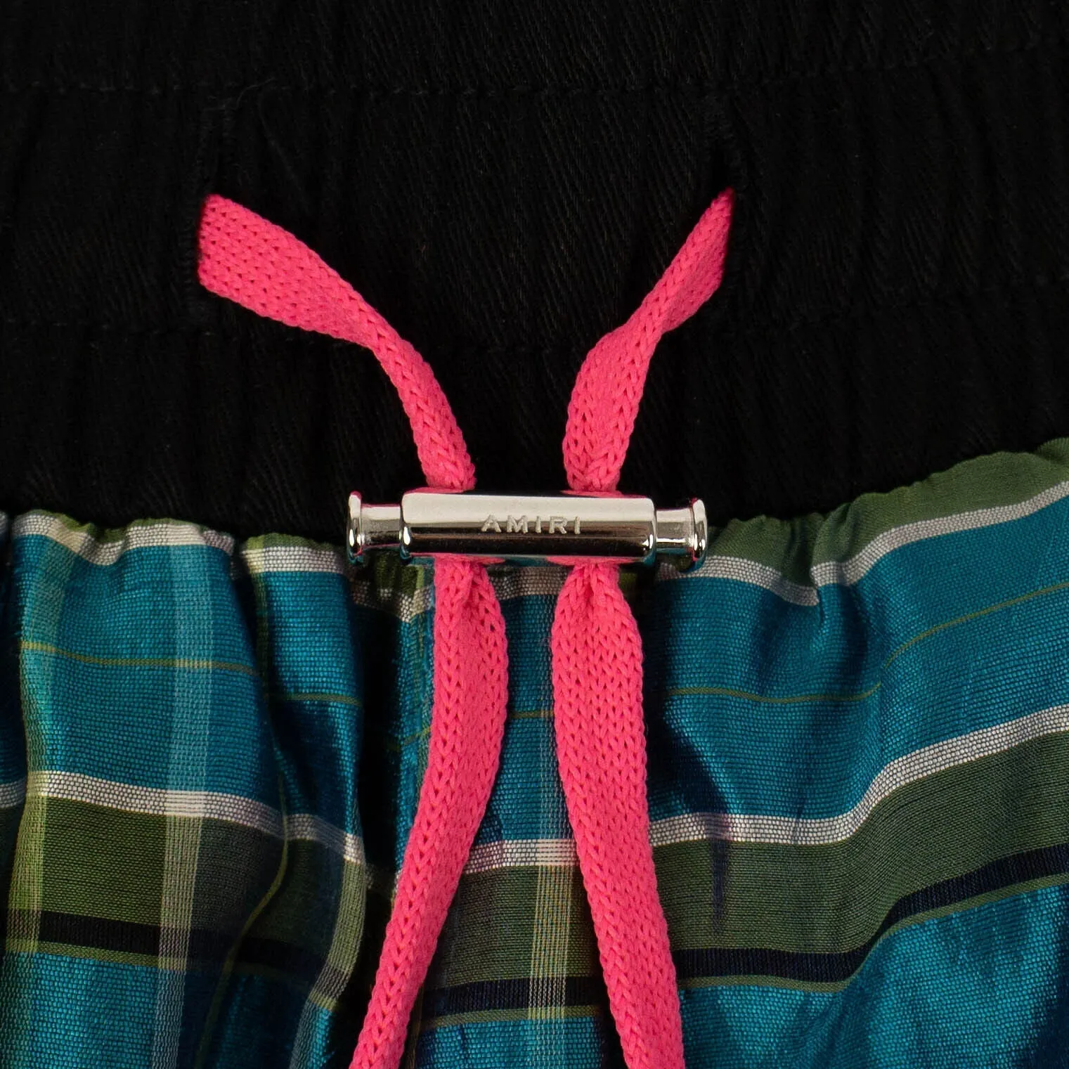 Blue Silk Plaid Straight Leg Track Pants