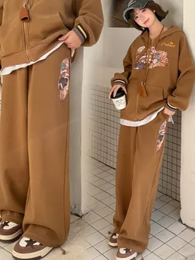 Brown High-Waisted Cartoon Print Casual Pants