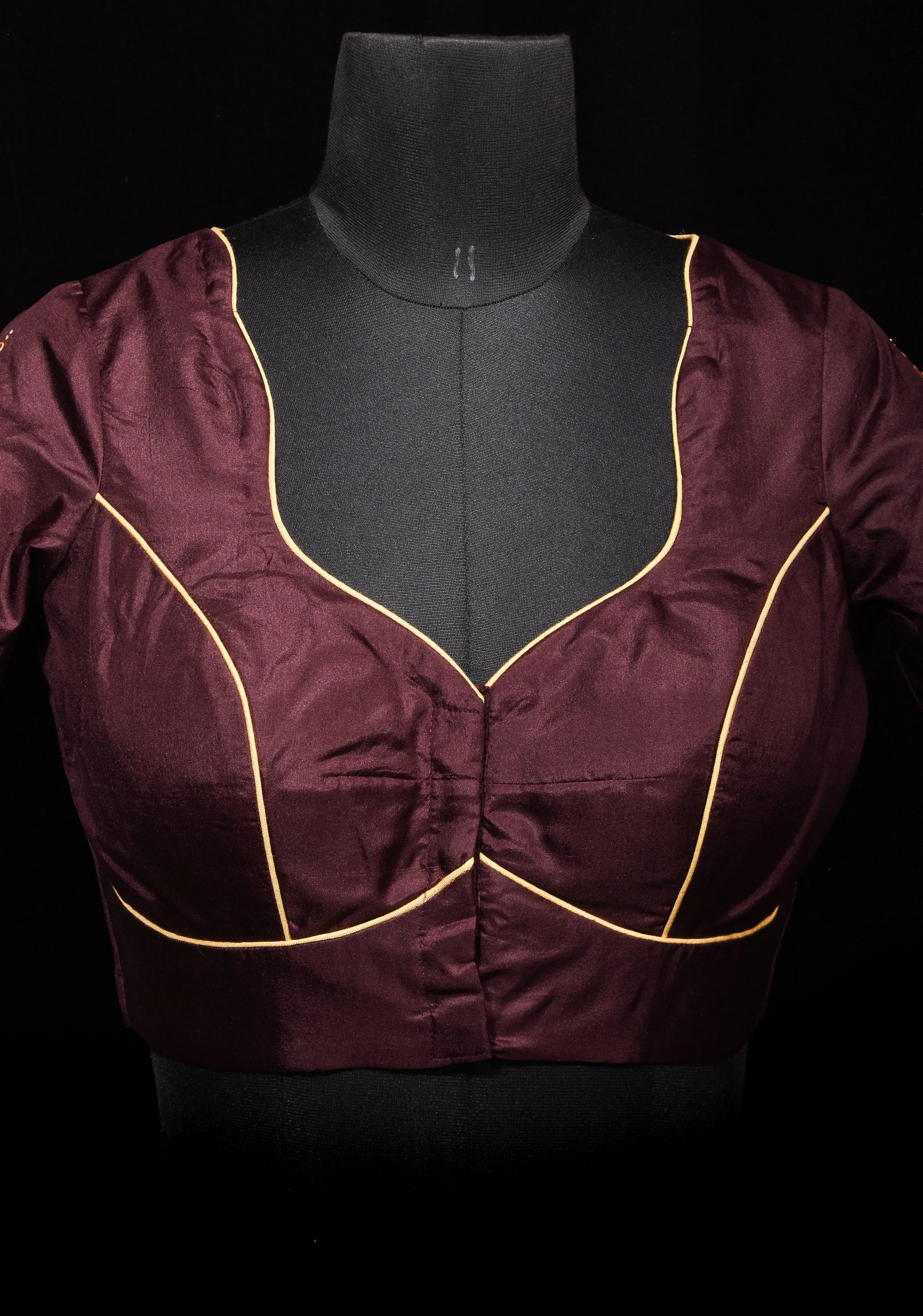 Brown Pure Silk Blouse with 3D Tanjore Art Damansk Motif on Sleeves and Arch Cutout back, Color Customization available, made to order