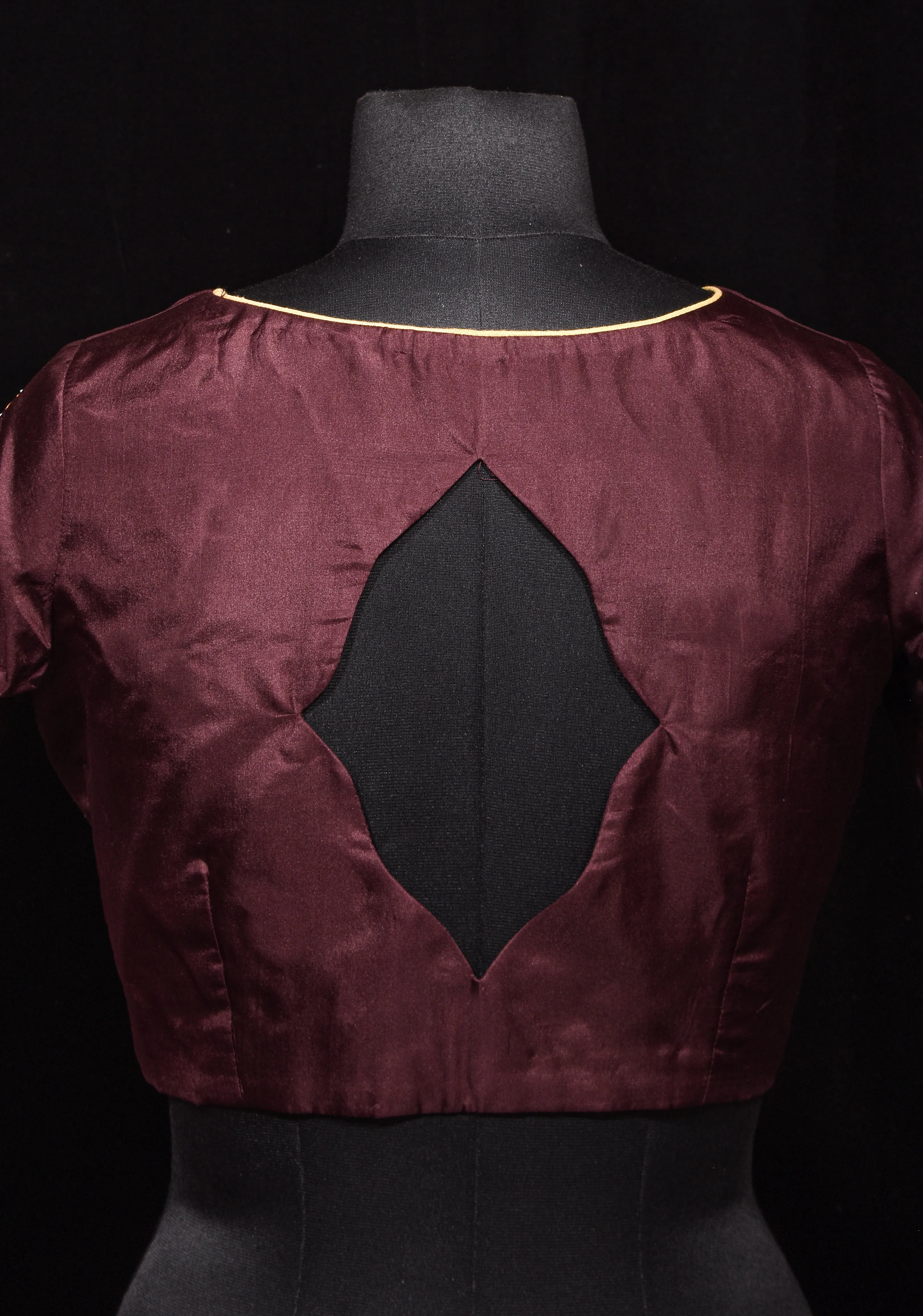 Brown Pure Silk Blouse with 3D Tanjore Art Damansk Motif on Sleeves and Arch Cutout back, Color Customization available, made to order