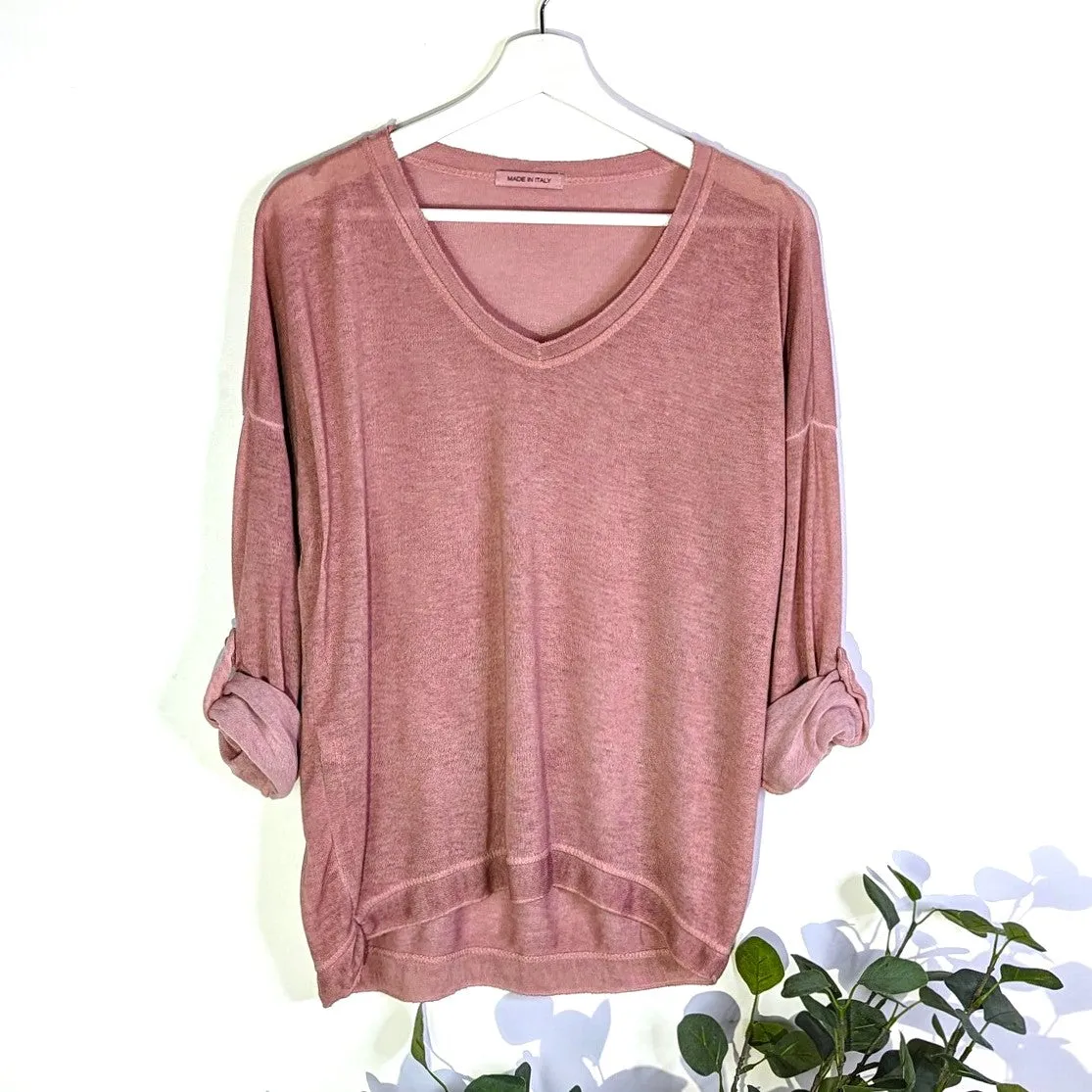 Cotton viscose mix light fine knit V-neck hi-lo top (M)
