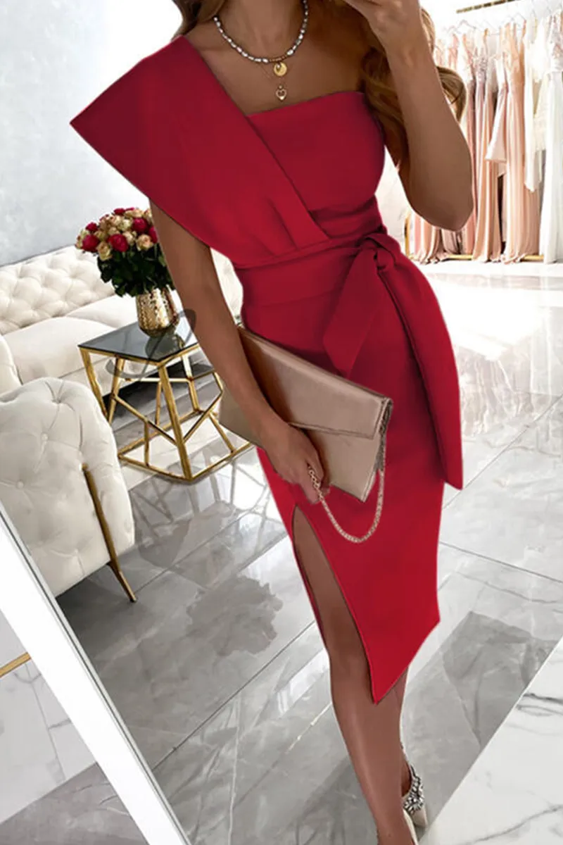 hulianfu - Casual Print Patchwork One Shoulder Pencil Skirt Dresses(4 Colors)