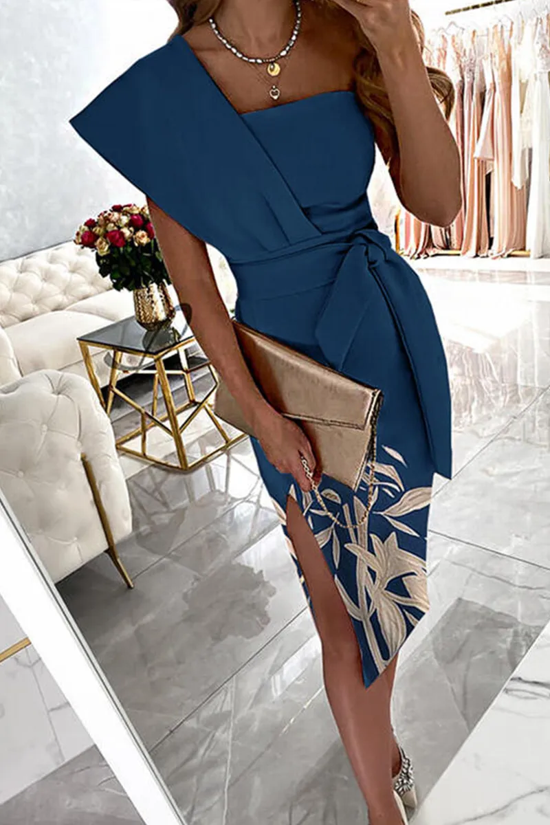 hulianfu - Casual Print Patchwork One Shoulder Pencil Skirt Dresses(4 Colors)