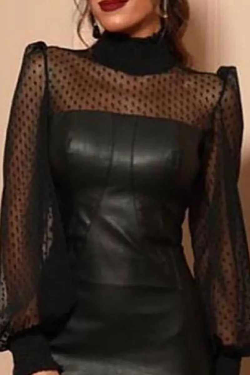 hulianfu - Sexy Solid Mesh Half A Turtleneck Pencil Skirt Dresses