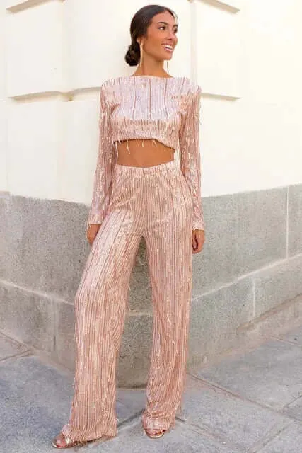 Sequin Crop Top & High-Waisted Pants Set