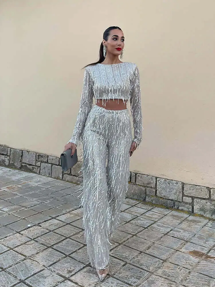 Sequin Crop Top & High-Waisted Pants Set
