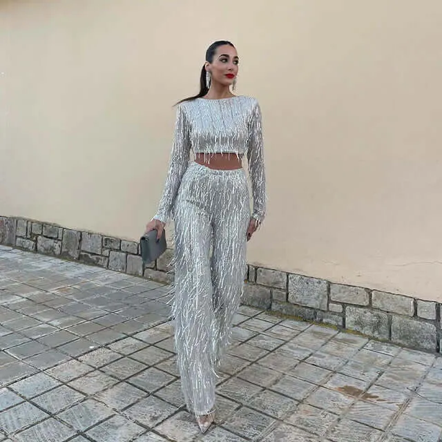 Sequin Crop Top & High-Waisted Pants Set