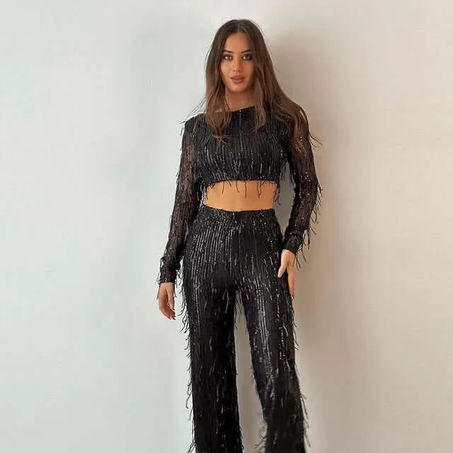 Sequin Crop Top & High-Waisted Pants Set