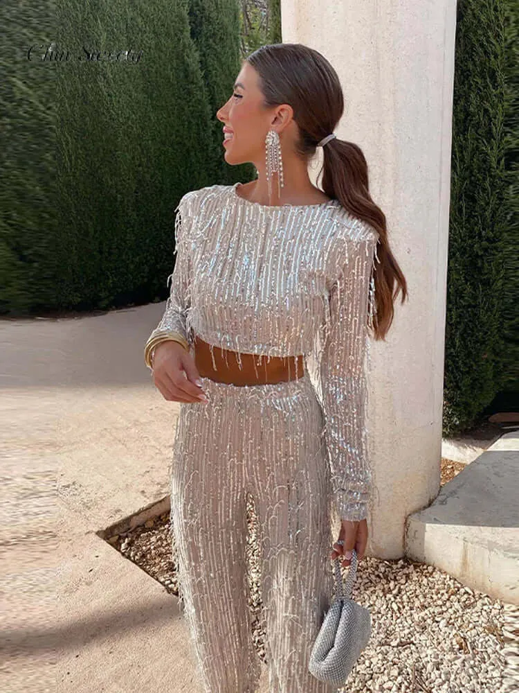 Sequin Crop Top & High-Waisted Pants Set