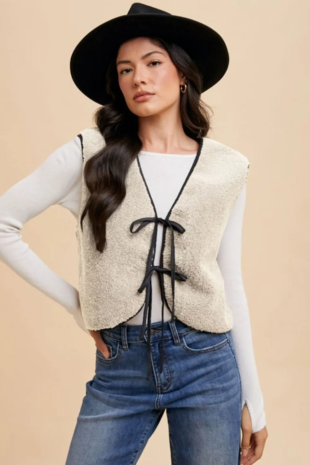 V-Neck Tie Detail Vest Coat in Cream