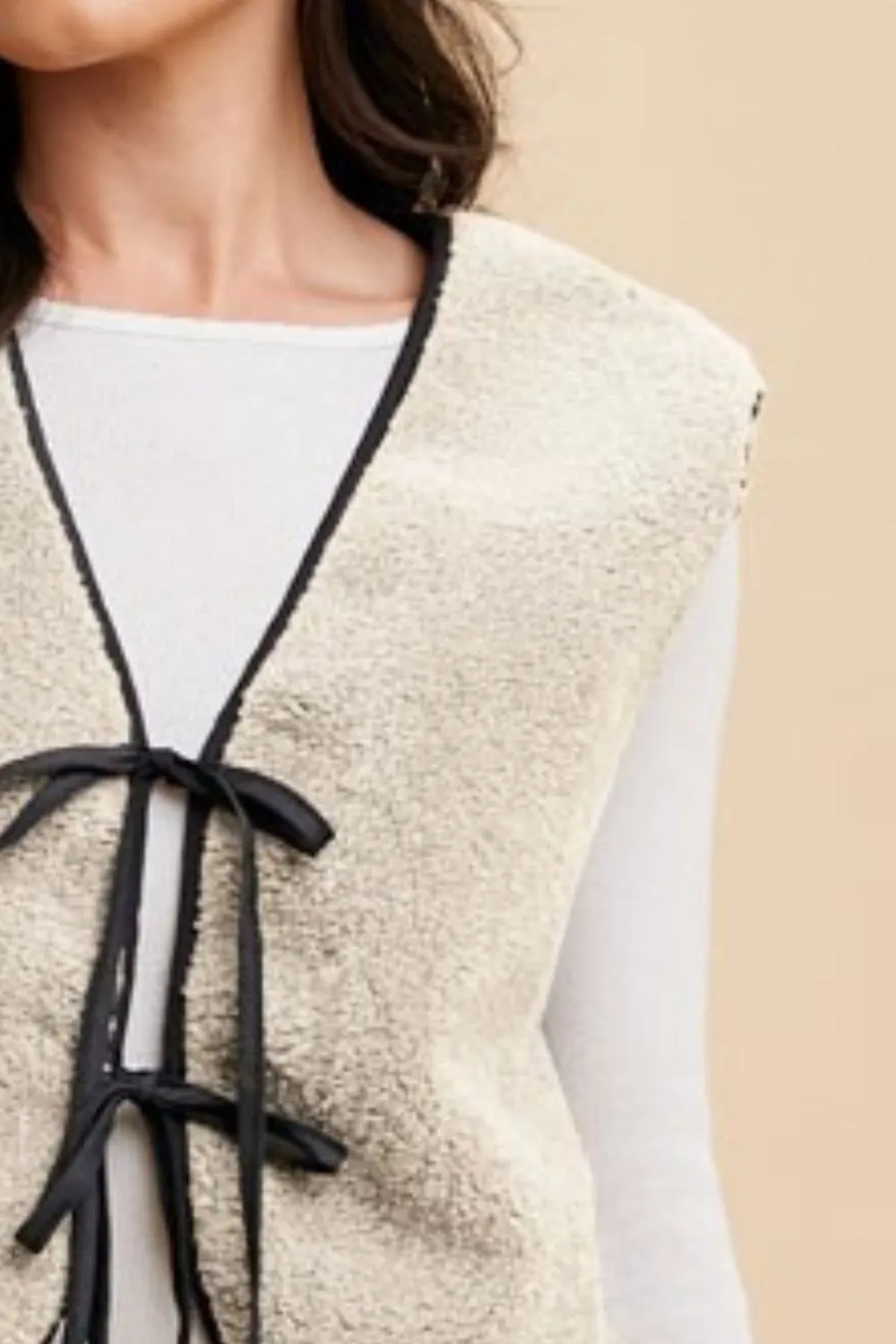 V-Neck Tie Detail Vest Coat in Cream