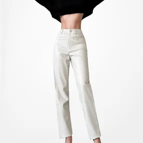 Zara Beige Off White Faux Leather High Waisted Mom Fit Tapered Pants Size S/M