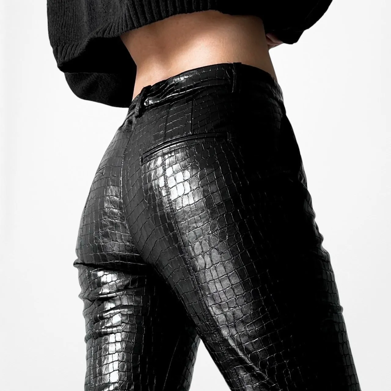 Zara Black Crocodile Faux Leather High Waisted Slim Straight Leg Pants Size XS