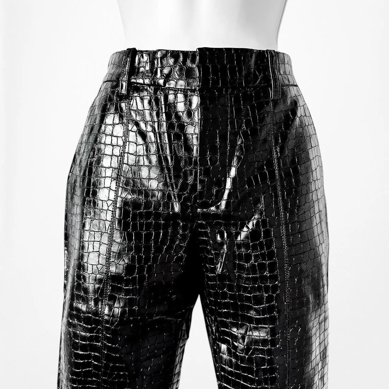 Zara Black Crocodile Faux Leather High Waisted Slim Straight Leg Pants Size XS