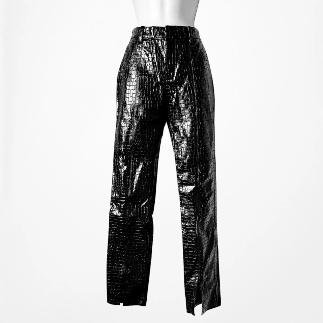 Zara Black Crocodile Faux Leather High Waisted Slim Straight Leg Pants Size XS